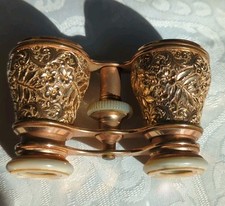 Engraved Antique Opera Glasses In Gold Color With Mother Of Pearl.