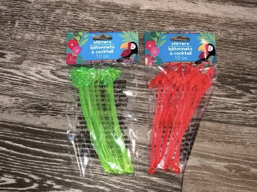 NWT FUN COCKTAIL STIRRERS 10 PALM TREES 10 PINK FLAMINGOES SWIZZLE STICKS - Afbeelding 1 van 6