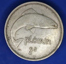 1939 Ireland Eire Irish Florin /Two Shillings coin, 75% silver, Salmon  [33705]