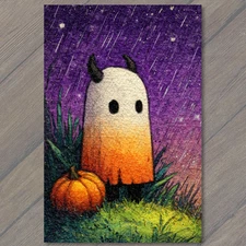 Art Print Candy Corn Ghost Beside Pumpkin Under Rainy Halloween Sky