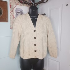 Vtg Cream Chunky Wool Cable Knit Cardigan w Leather buttons Unsized  needs TLC