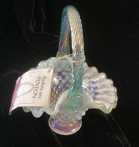 Vtg Fenton Aqua Green Teal Handle  Opalescent Hobnail Ruffled Basket 6.5”
