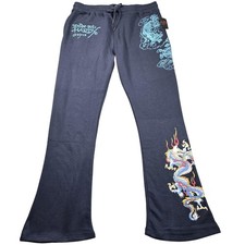Ed Hardy Pants Womens XL Midnight Blue Dragon Fleece Flare Leg Sweatpants