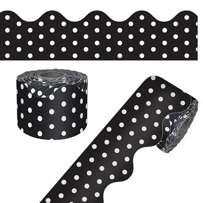 CARSON DELLOSA 65' BLACK WITH WHITE POLKA DOTS ROLLED SCALLOPED BULLETIN BOARD