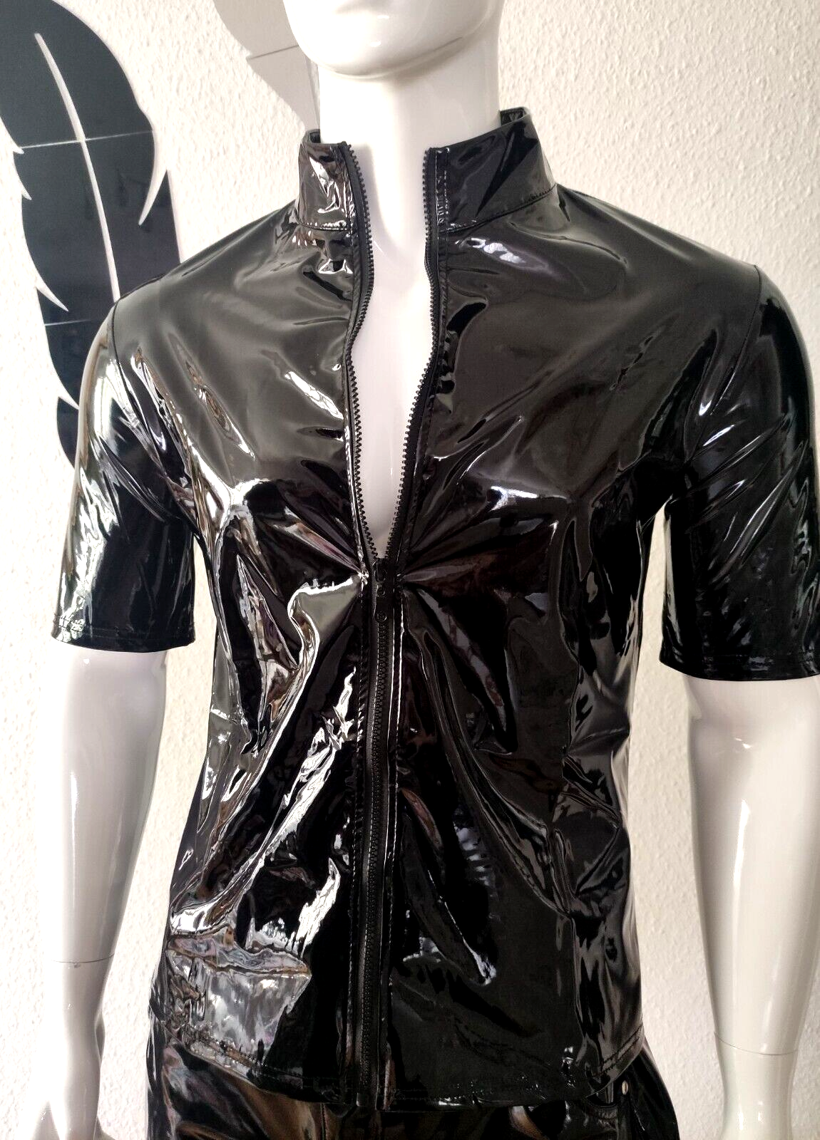 ALTRA Camicia New per uomo pelle verniciata lucida manica corta vernice sexy cerniera lucida a specchio black 5XL