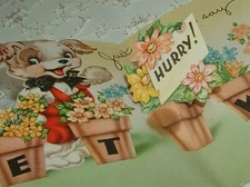 3 Images- Pop-up Flower- Dressed Boy Dog - 1940's Vintage Get Well Greeting Card