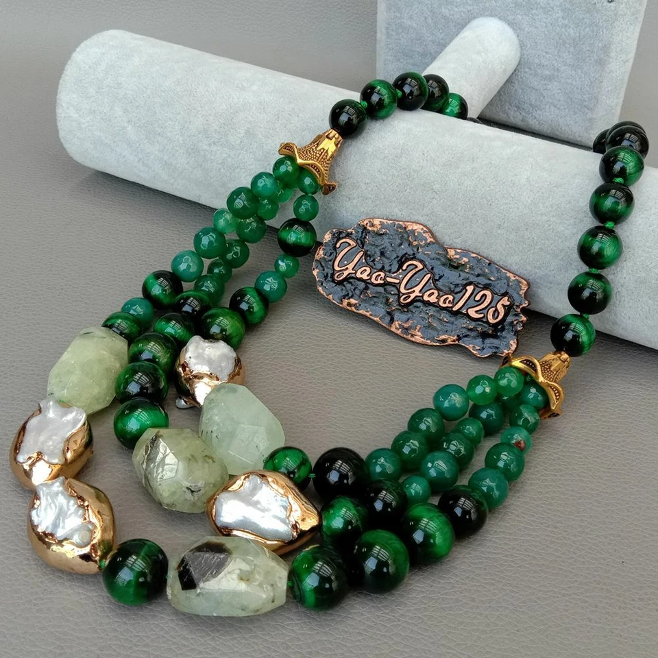 3 Strands Green Tiger Eye Agate White Keshi Pearl Necklace 19" - Image 4 of 4