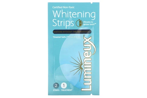 Blue Lumineux Teeth Whitening Strips package with yellow starburst design, white text, and red-orange sun graphic.