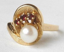 Vintage 14k Gold Mid Century Modernist Akoya Pearl Garnet Swirl Ring 4.7g Sz7.25