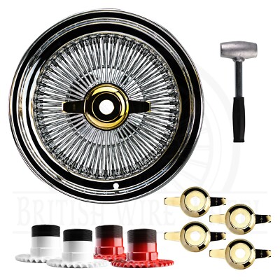15x7 Std 100 Spoke Straight Lace Lowrider Wire Wheels, Zenith Cut Gold Caps, Set