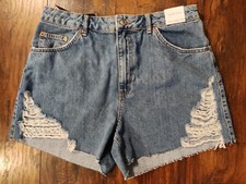 Topshop Women's Denim Blue Distressed Raw Hem Shorts Size 12. Waist:32in