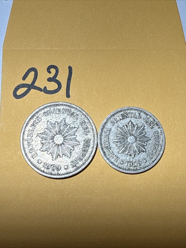 1909 A Uruguay 5 & 2 Centesimos Coins - Copper Nickel - World Coins