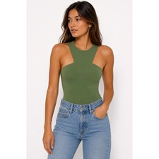 Abercrombie Fitch NWT Green High Neck Bodysuit Cutout Racerback Size M