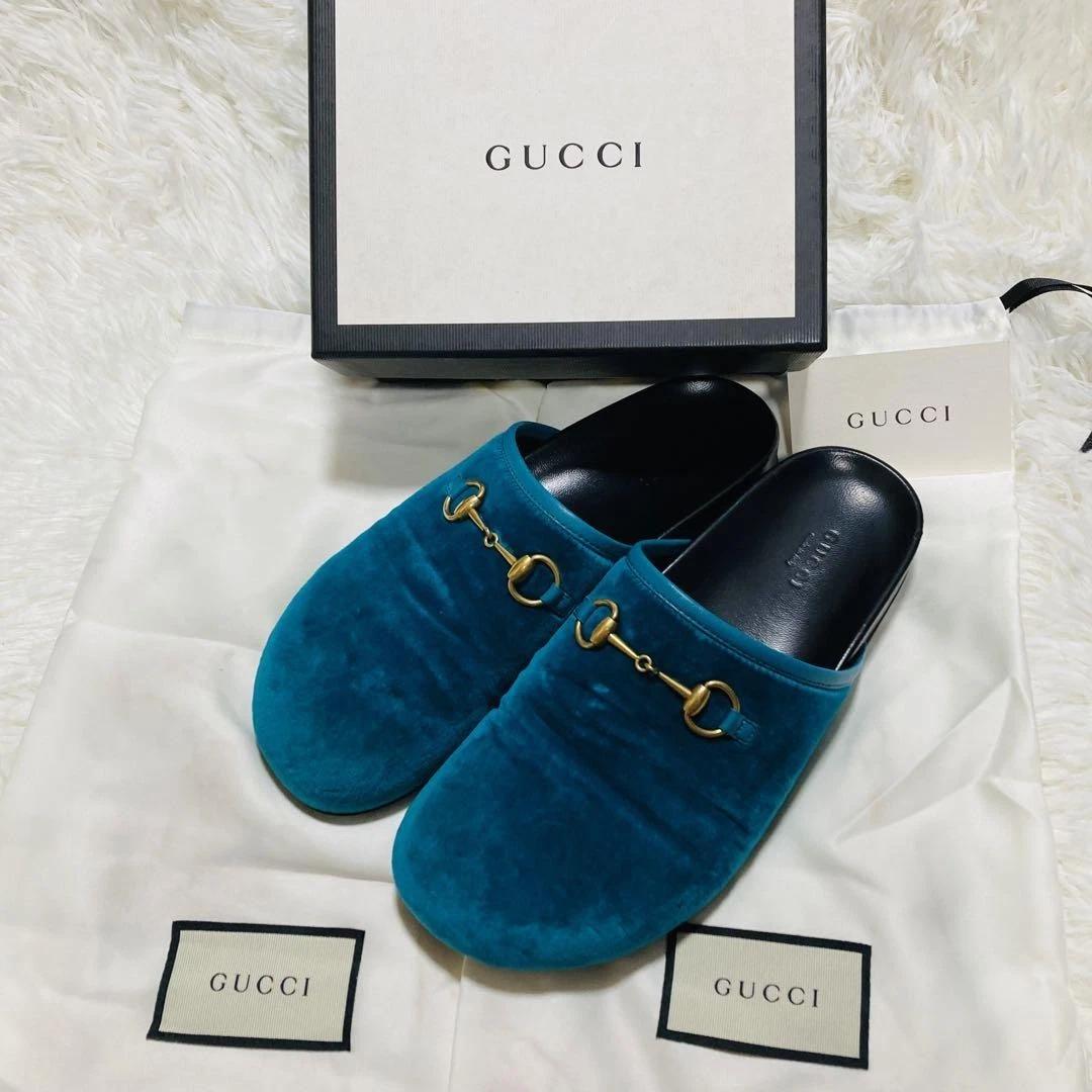 Sandales GUCCI Horsebit Mule logo taille EU37 US7 cuir bleu doucement utilisées authentiques JPN
