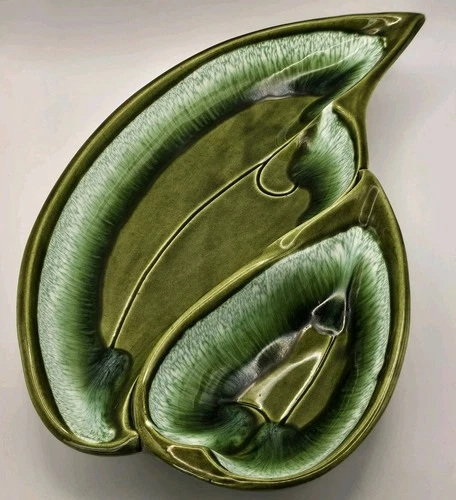 Vintage Santa Anita Ware R-17 Green Drip Glaze Leaf Divided Dish 13"