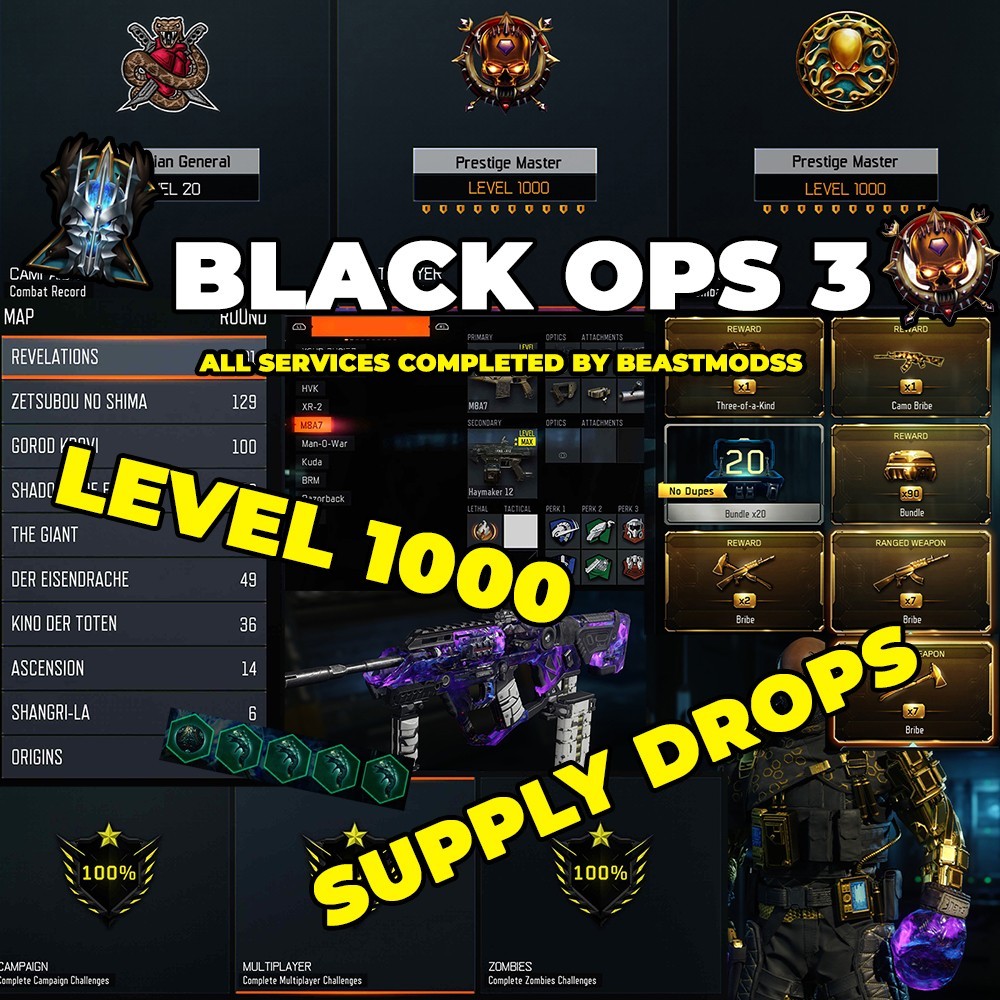 CHEAP BLACK OPS 3/BO3 LEVEL 1000 MULTIPLAYER + ZOMBIES + UNLOCK