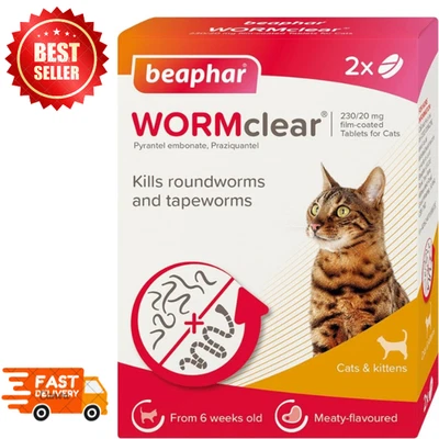 BEAPHAR WORMCLEAR for Cats Worming 2 Tablets Kills All Common Intestinal Worm UK
