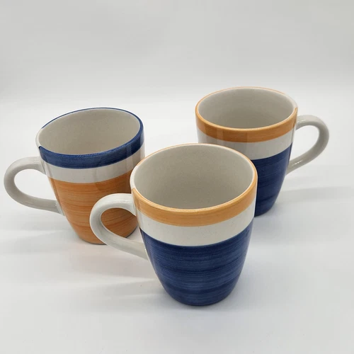 Vintage Farberware Stoneware Brushstrokes Blue Coffee Mugs Set Of 3