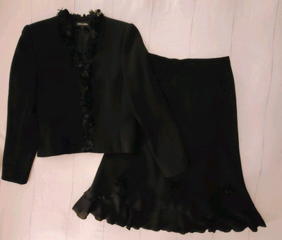 ESCADA Absolutely Gorgeous Vintage Black Wool Floral Beaded Skirt Jacket Suit 34