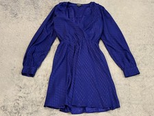 Express Dress Womens Medium Blue Long Sleeve Faux Wrap Midi Satin Patterned