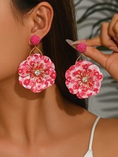 Hot Pink Floral Dangle Earrings With Gold Rays And Crystal Center One Size