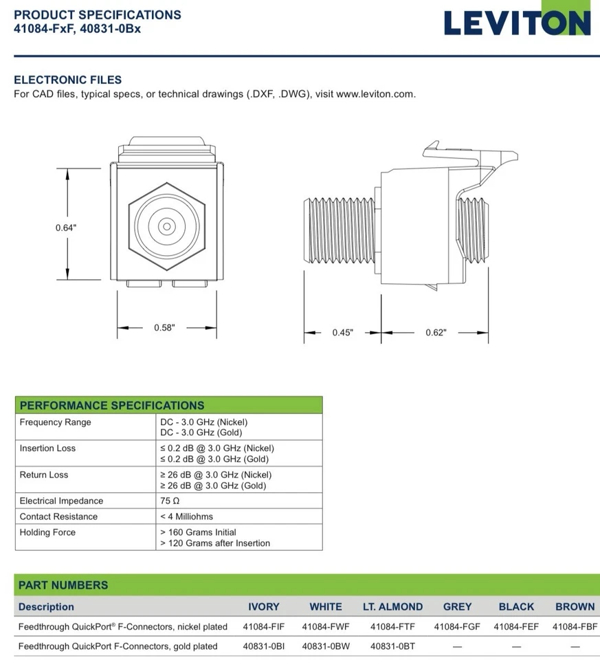 2pk of LEVITON 41084-FWF QuickPort F-Type Adapter, White **SHIPS FREE** - Image 4 of 4