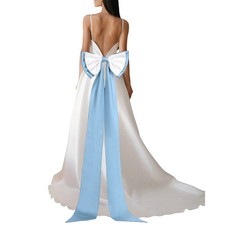 Satin Big Bow for Wedding Dresses, Long Detachable Satin Bow 59" Blue/White