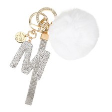Initial Letter m Keychain with Pom and Rhinestone Wristlet, White