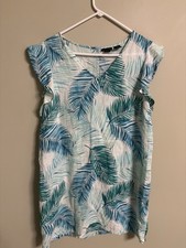 Tahari Tropical Palm Leaf 100% Linen Flutter Sleeve Dress Lightweight Size Large