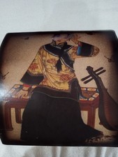 Wood Japanese Style Drawer Chest Jewelry Box Geisha Lute Paper Mache & Metal