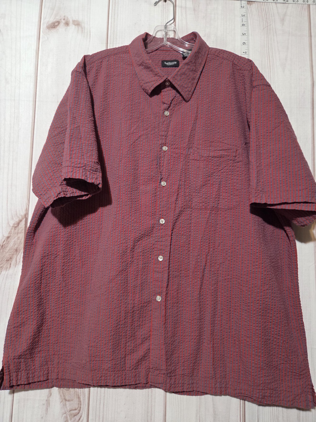 Van Heusen Shirt Mens 2XL Red Blue Stripe Seersucker Short Sleeve Button Front