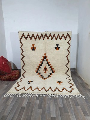 Azilal Moroccan Rug - White and Yellow Wool, Boho Floor Accent