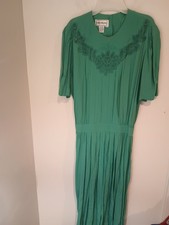 Vintage Karin Stevens Green Lace Rayon Pleated Dress Women's 16 Cottagecore Mod