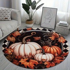 2D Flat,2D Flat Printed Doormat-Autumn Theme Round Floor Mat w/Pumpkin and Leav