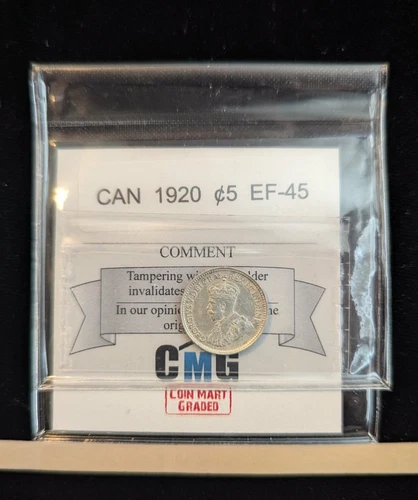 1920   Coin Mart Graded Canadian,  ¢5 Cent **EF-45**