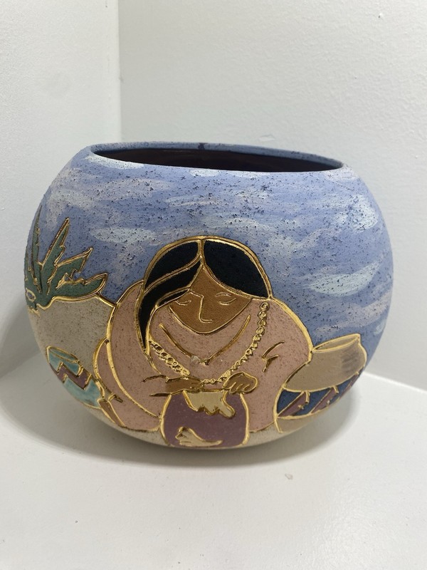 Round Ceramic Planter Southwestern Figural Blue Multicolor Vintage