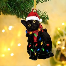 Christmas Tree Cat Hanging Ornaments Wooden Black Cats Xmas Gifts for Cat Lov...