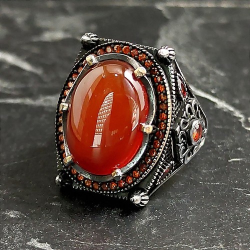 Men's Oval Red Aqeeq Gemstone Silver Ring , Silver French Royal Signet Ring - Picture 3 of 8