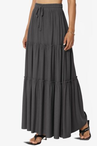 Women's Ruffle Tiered Jersey Drawstring Elastic High Rise A-Line Long Maxi Skirt - Picture 17 of 92