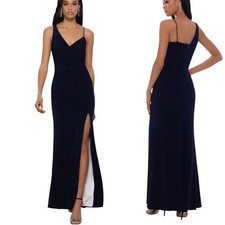 Xscape Long Ity w/Lining Front Slit Dress Spaghetti Strap Navy/Ivory 10 NWT