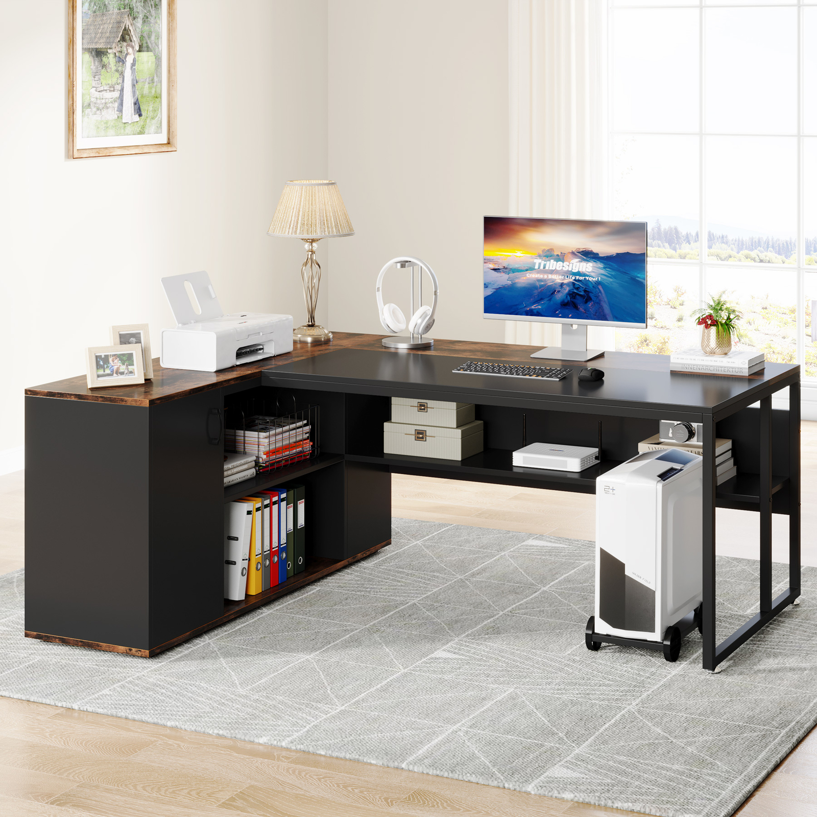 Tribesigns L Shaped Executive Desk with Storage Shelves, Large Office Desk