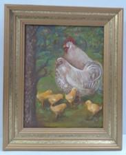 Pintura Acrílica Original sobre Lienzo Gallo - Gallina - 5 Pollitos Enmarcados