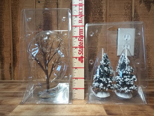 Vintage Lemax Village Landscape 2 Snowy Pine Trees & 1 Snowy Birch W/ Package - Picture 3 of 7