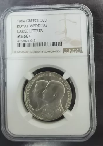 GREECE 1964 30 DRACHMAI CONSTANTINE II ROYAL MARRIAGE SILVER  COIN NGC MS 66+