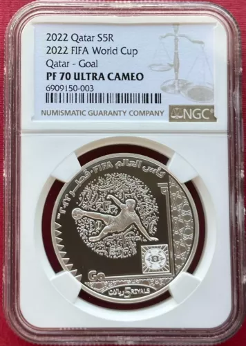 QATAR , SILVER 5 RIYALS FOOTBALL WORLD CUP 2022 NGC PF 70 UC (LG) TOP POP , RARE