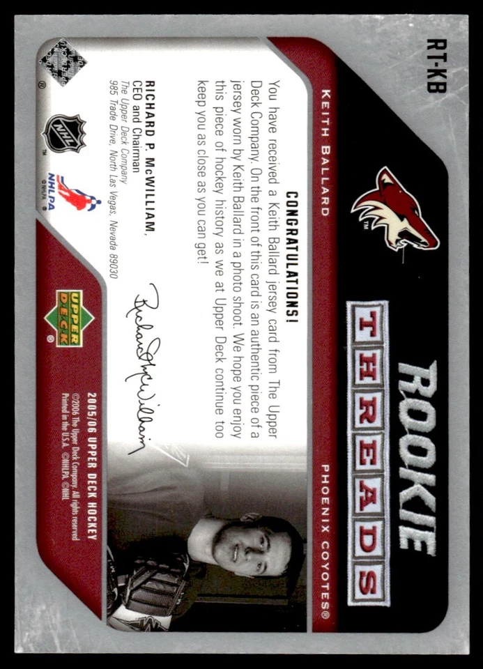 2005-06 Upper Deck Rookie Threads Keith Ballard Phoenix Coyotes #RT-KB - Image 2 of 2