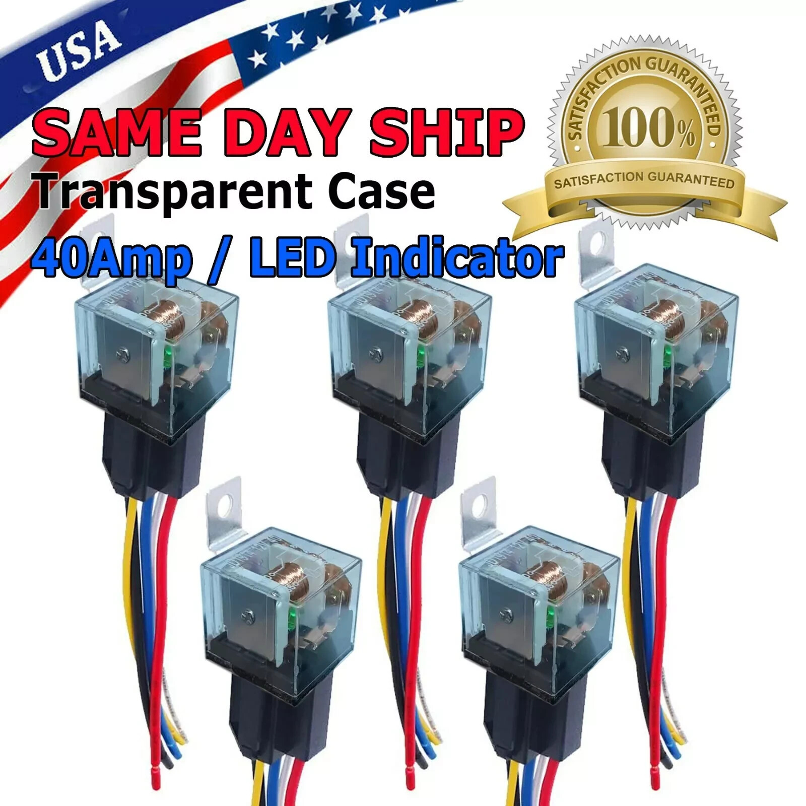 5PC 12V Car Audio Relay Switch Harness 40 Amp Clear 14AWG Wire 5PIN SPST Relay