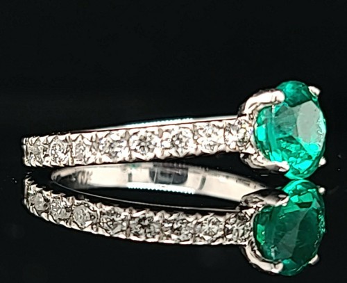 14 Karat Weißgold Verlobungsring 1,37 kt. Edelstein rund grüner Smaragd  - Bild 4 von 12