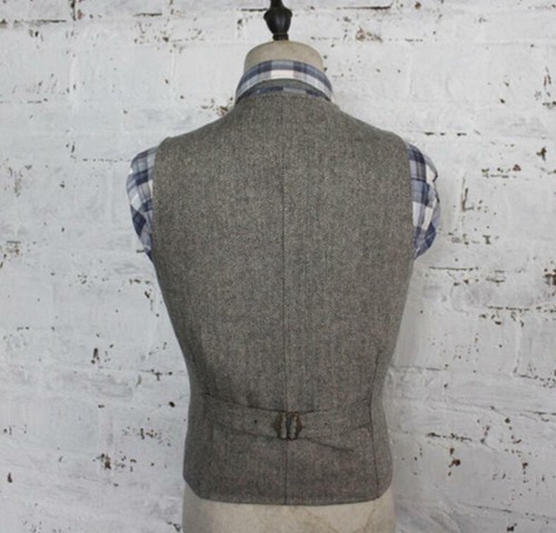 Gilet uomo vintage tweed spina di pesce monopetto scollo a V misto lana - Foto 7 di 13