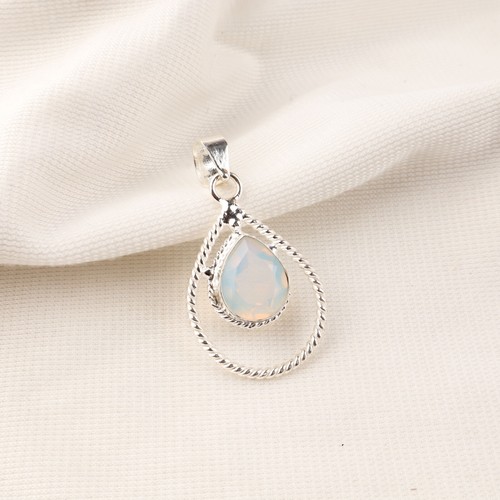 Sterling Silver Pear Milky Opal Gemstone Elegant Bezel October Pendant Jewelry - Picture 3 of 6